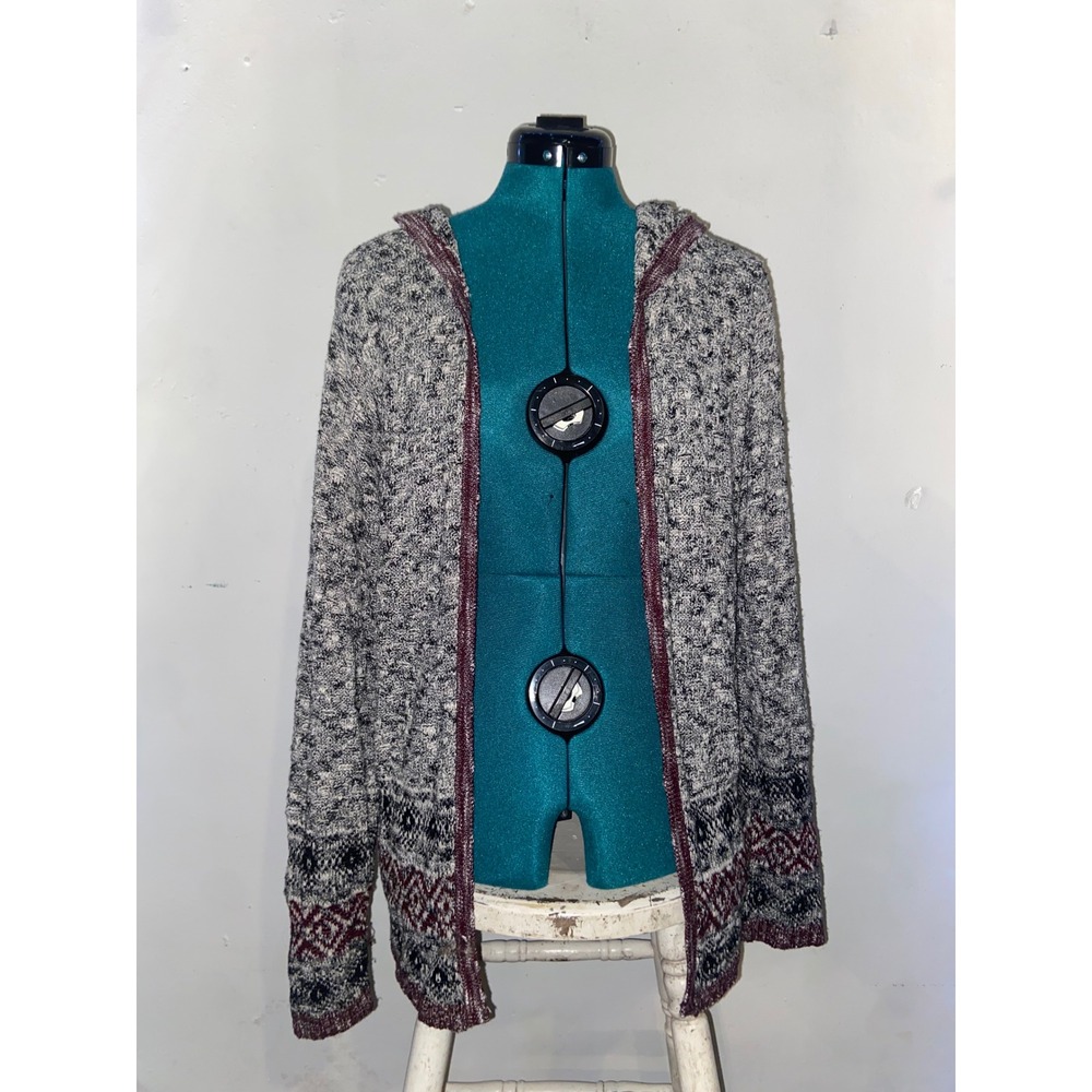 Maurices Grey Marled Fair Isle Hooded Open Cardigan Southwestern Boho Grunge Y2K